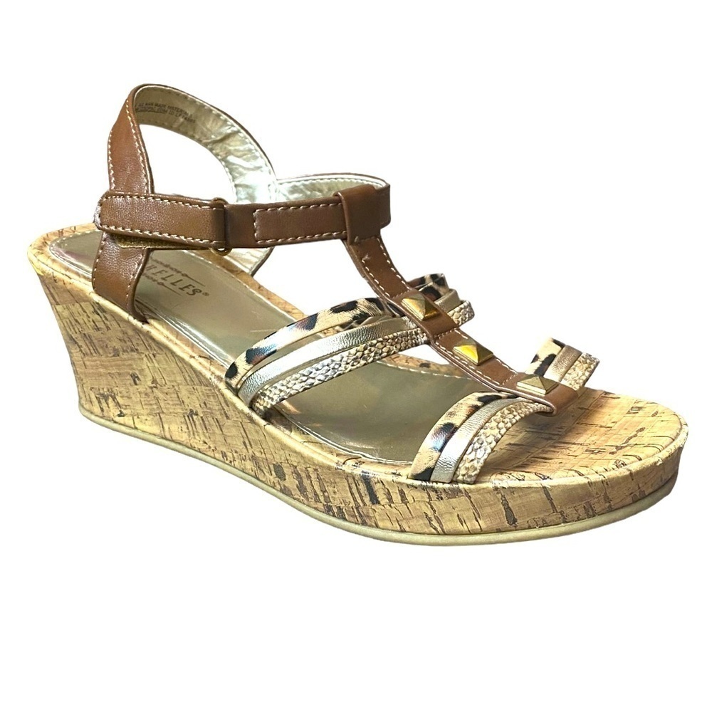 Seychelles Platform Wedge Strappy Animal Print Brown Gold Sandals‎ Heels 4